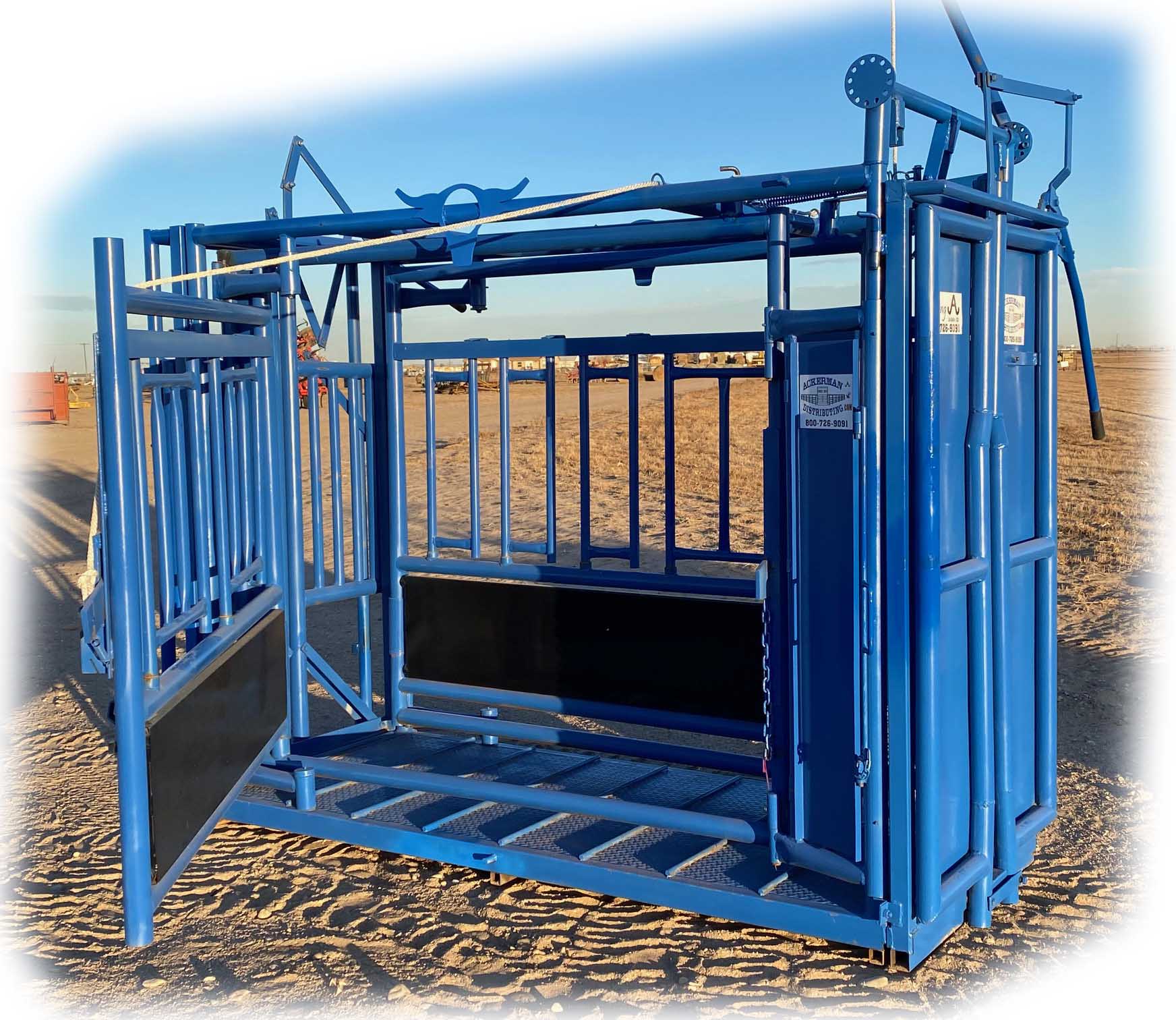 The Flying A Side Exit Cattle Squeeze Chute w/ Manual Headgate & Split Rear Tailgate